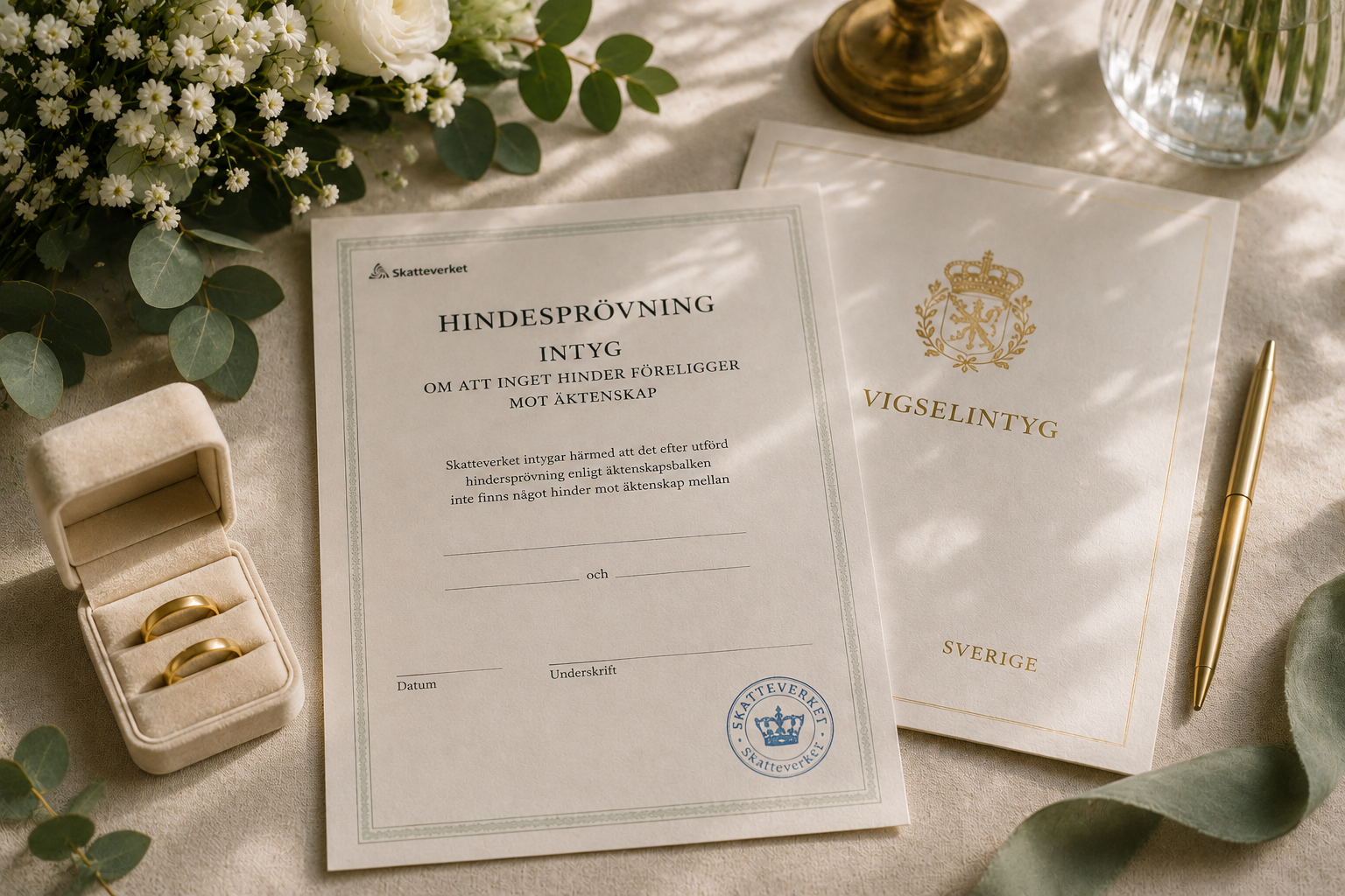 Dokument och ringar inför borgerlig vigsel