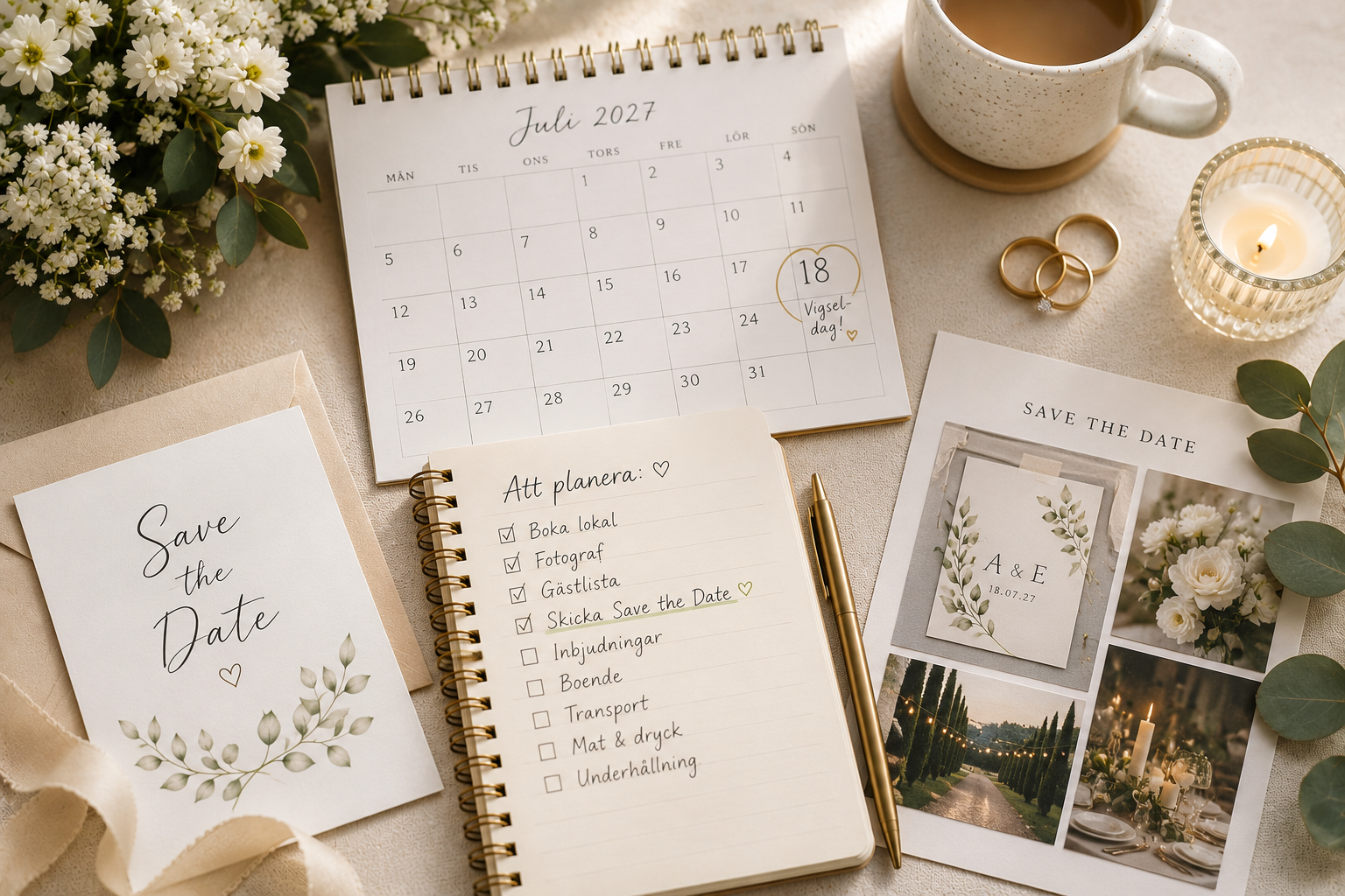 Bröllopsplanering med kalender och anteckningar